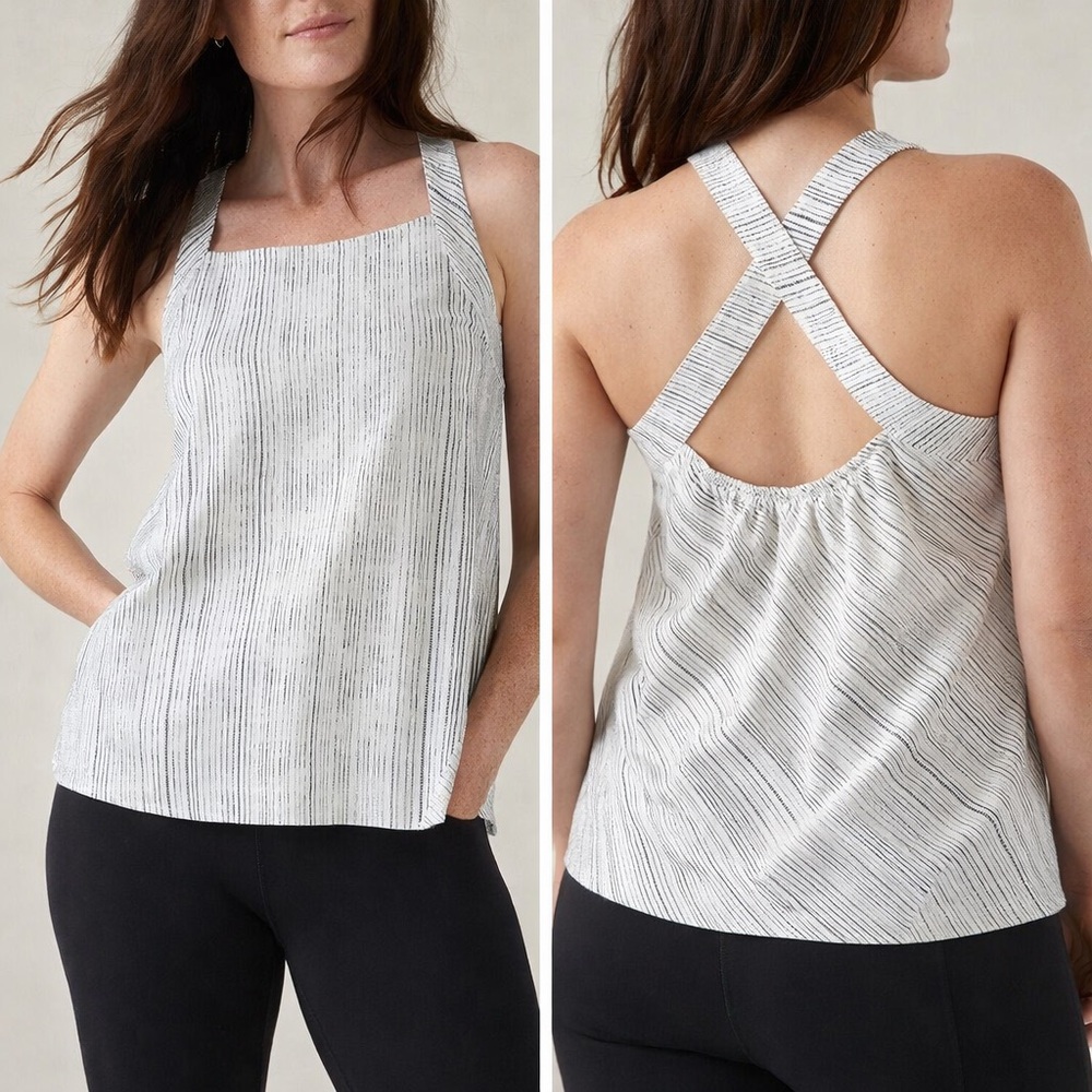 Athleta XL Black & White Striped Crisscross Back Tank | Flowy Active Top
